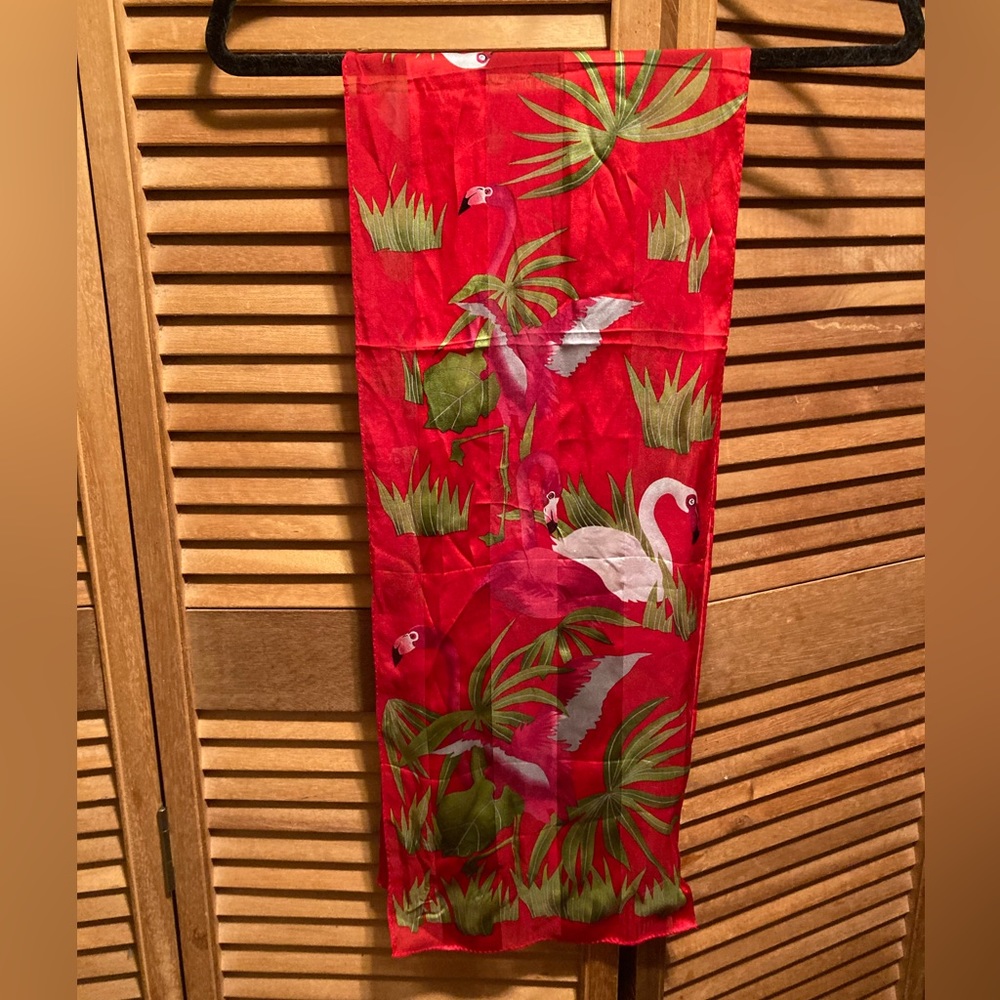 Vintage Elaine Gold Colorful Silk Flamingos & Plant Print Scarf